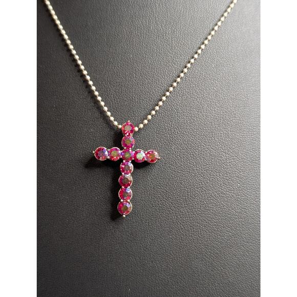 Pink AB Aurora Borealis Crystal Cross Necklace W/ Beaded Silver Tone Chain - Picture 7 of 7